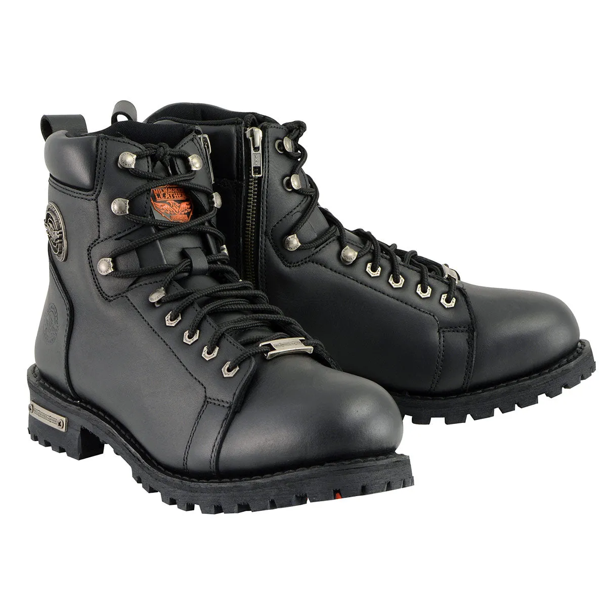 WIDE MBM100W Men's Black Leather Wide-Width Lace-Up Motorcycle Boots with Side Zipper