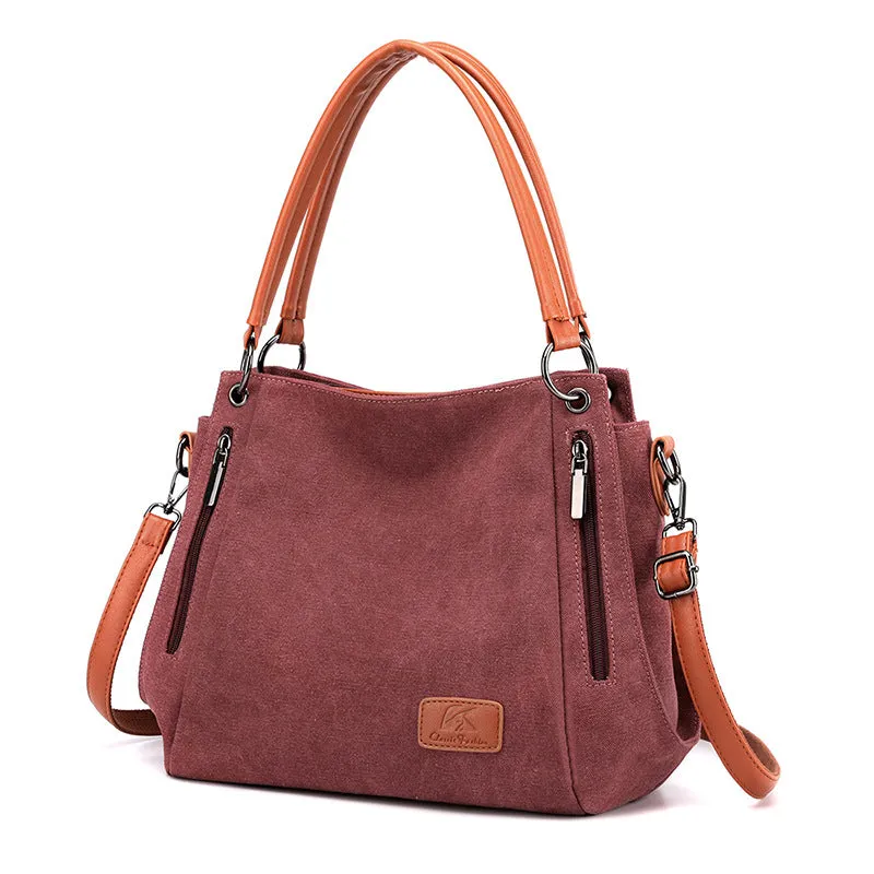 Women's Multi-pocket Shoulder Bag Fashion Cotton Canvas Handbag Tote Purse