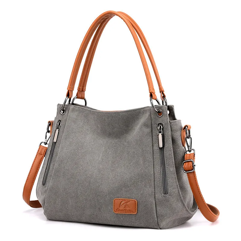Women's Multi-pocket Shoulder Bag Fashion Cotton Canvas Handbag Tote Purse