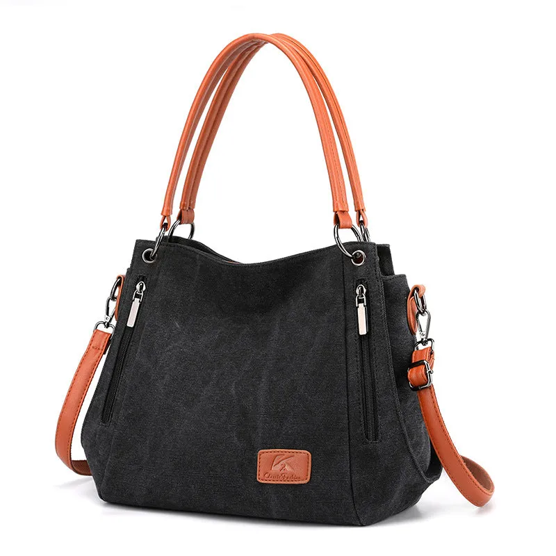 Women's Multi-pocket Shoulder Bag Fashion Cotton Canvas Handbag Tote Purse