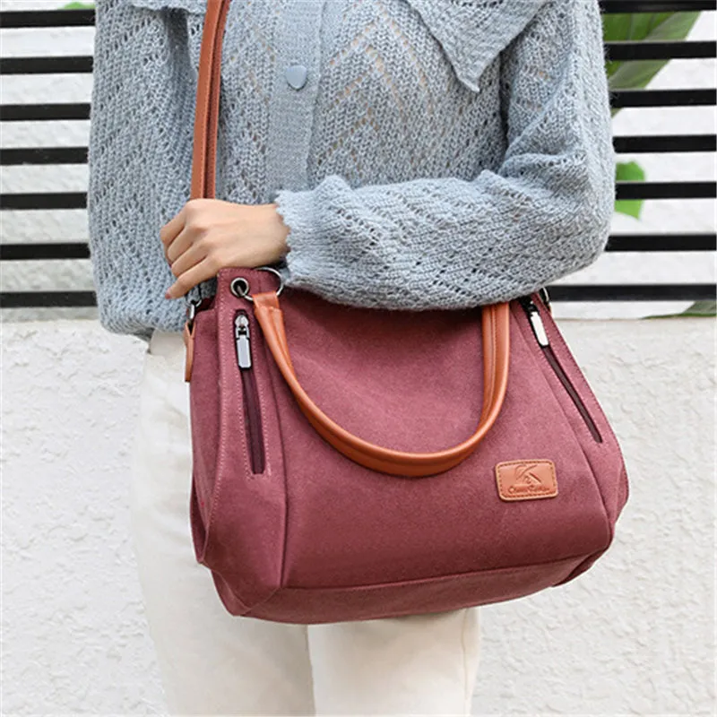 Women's Multi-pocket Shoulder Bag Fashion Cotton Canvas Handbag Tote Purse